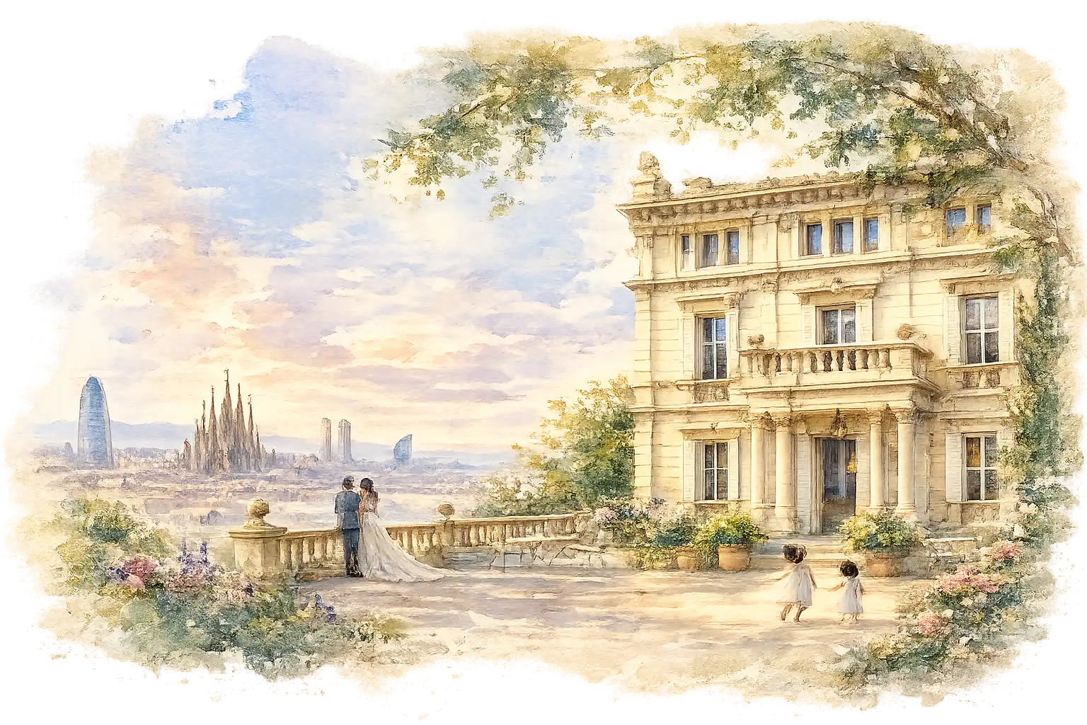 Acuarela del Palauet d'Orsà con Barcelona al fondo